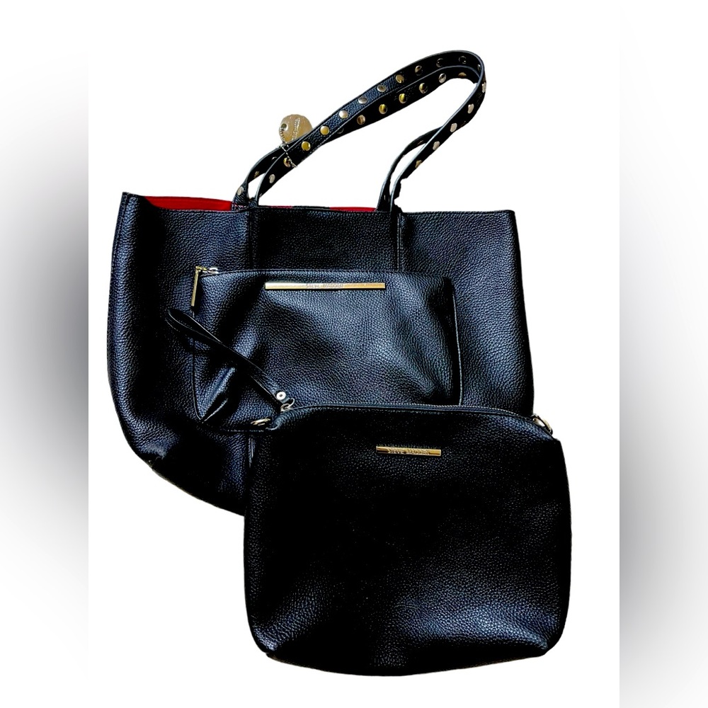Steve Madden Purse‎ Set Lof Ot 2 Shoulder Tote Black Red Liner Work Bag Women ✅
